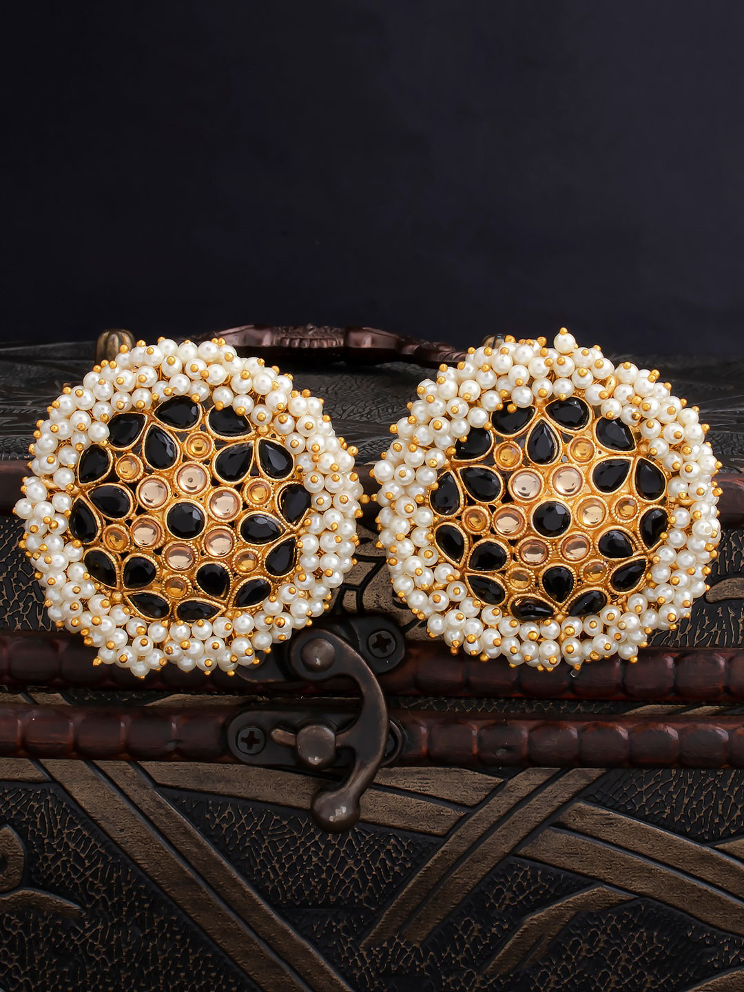 Sukkhi Gold-Toned & Black Pearl Contemporary Studs Earrings