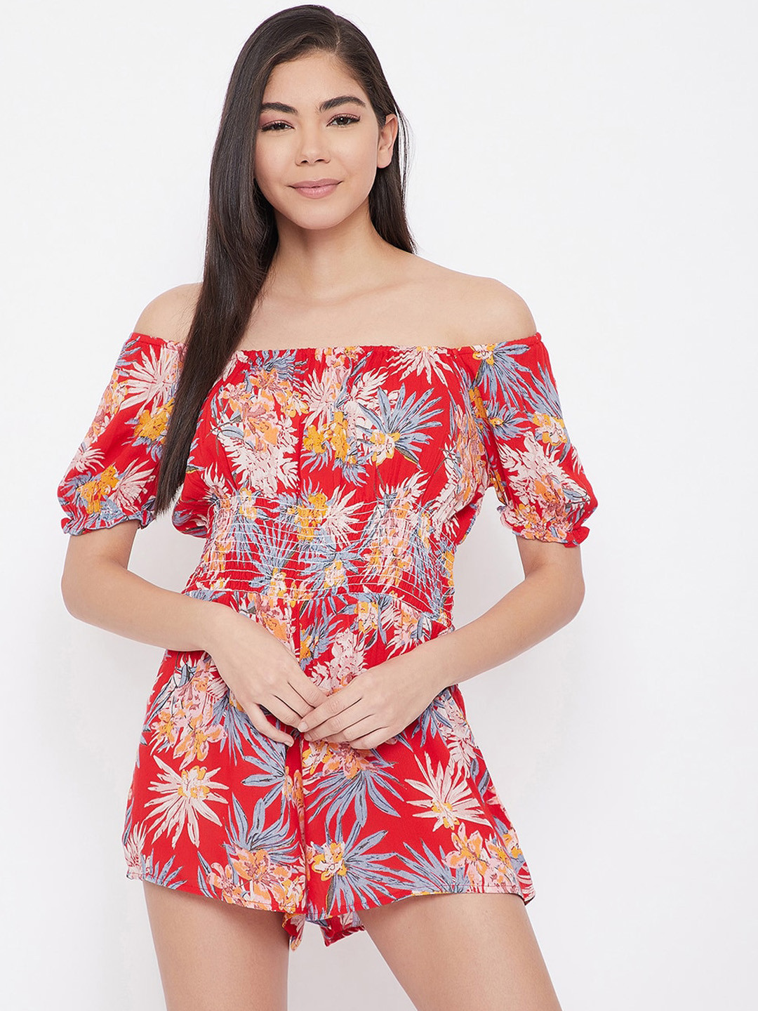 Clovia Women Red & Beige Floral Printed Beachdress