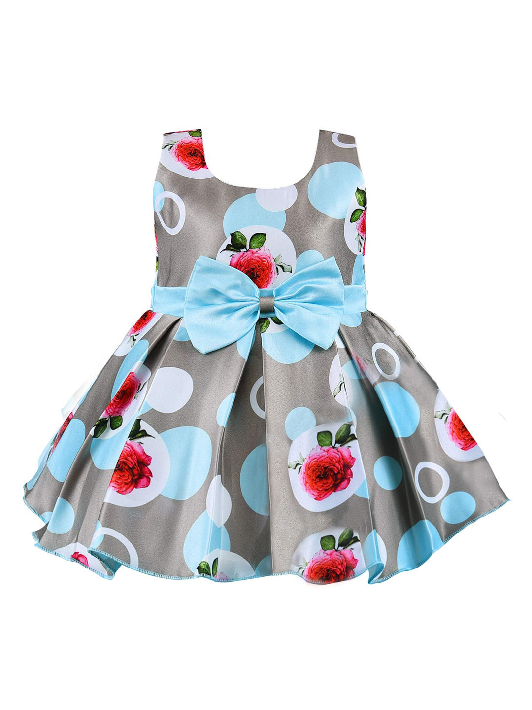 Wish Karo Girls Blue & Grey Floral & Polka Dot Printed Sleeveless Satin Silk Dress