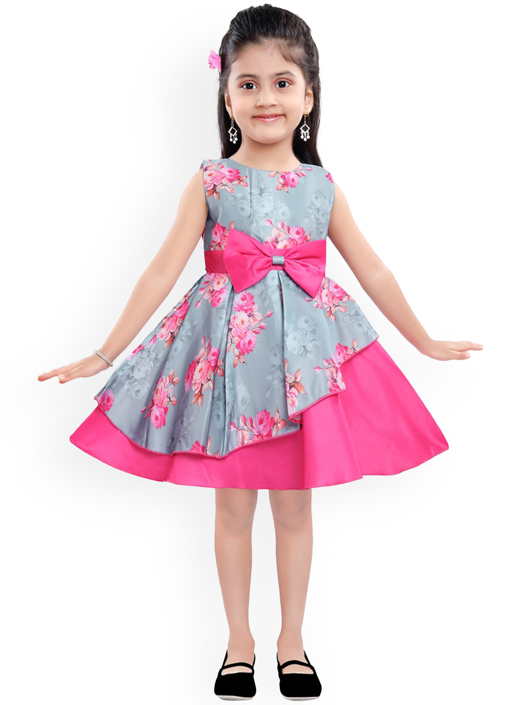 Wish Karo Girls Pink & Grey Floral Satin Layered Fit and Flare Dress