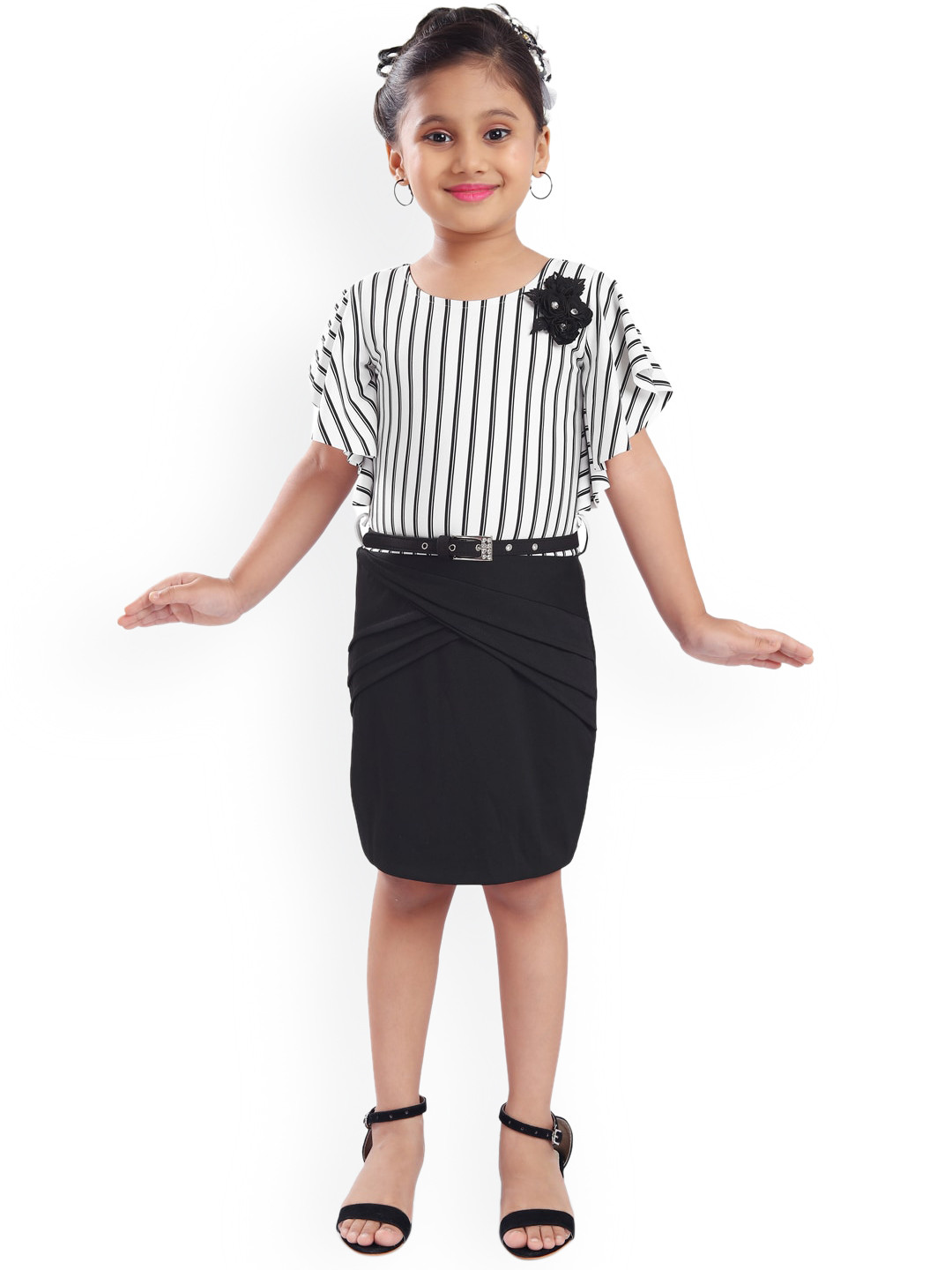 Wish Karo White Striped Scuba A-Line Dress