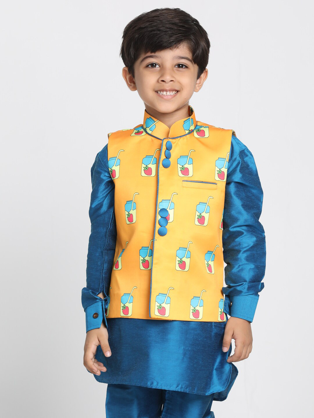 VASTRAMAY Boys Orange & Blue Printed Slim-Fit Satin Nehru Jacket