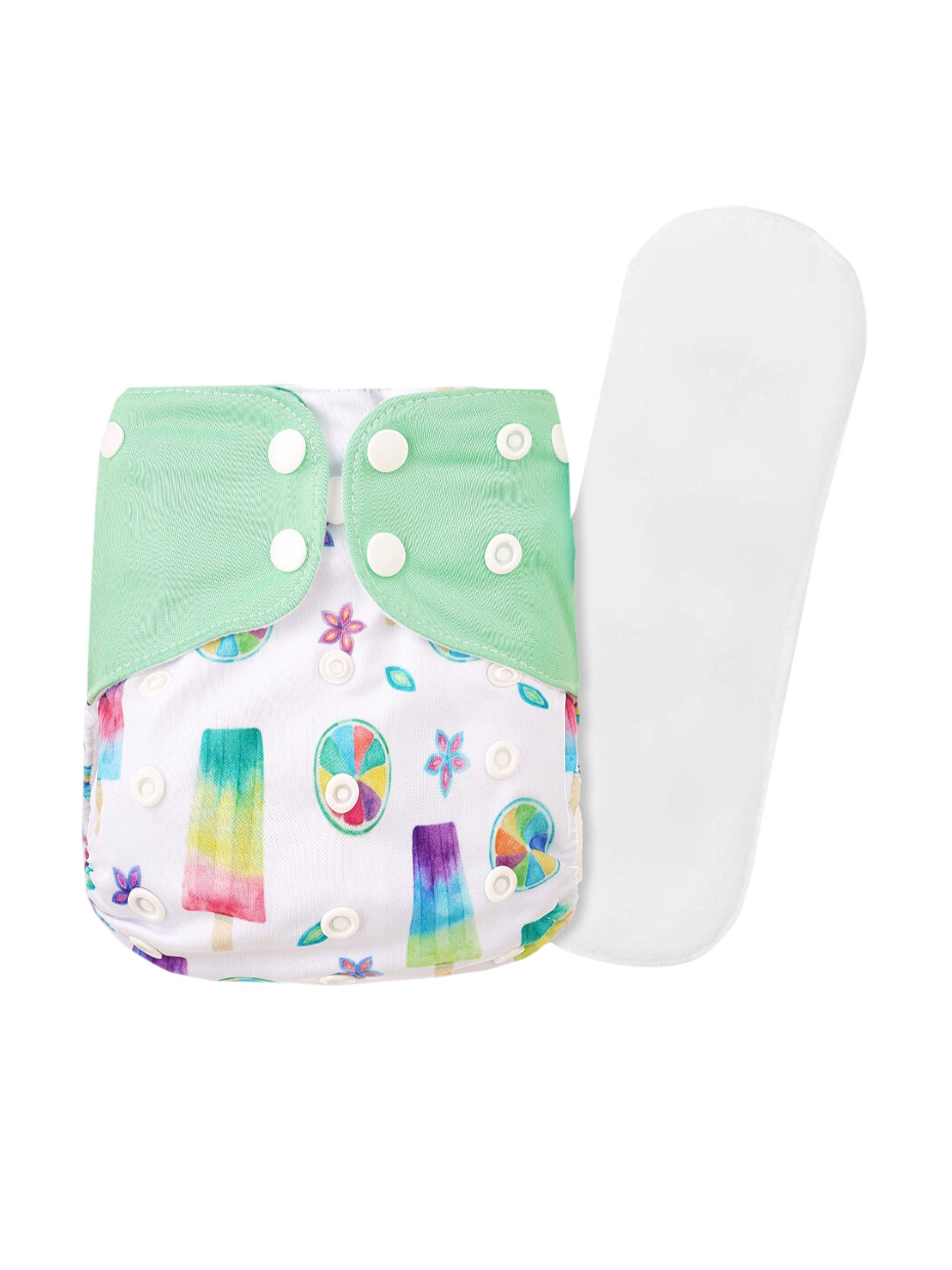 GUCHIGU Kids White & Green Printed Reusable Cloth Diaper With Pad