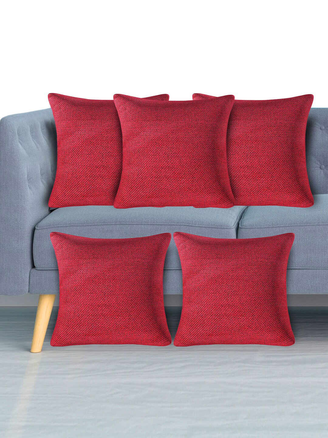 Kuber Industries Maroon Jute Durable 5 Piece Textured Square Cushion Covers -16x16In