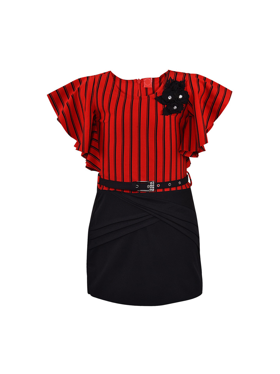 Wish Karo Red & Black Striped Applique Scuba A-Line Dress