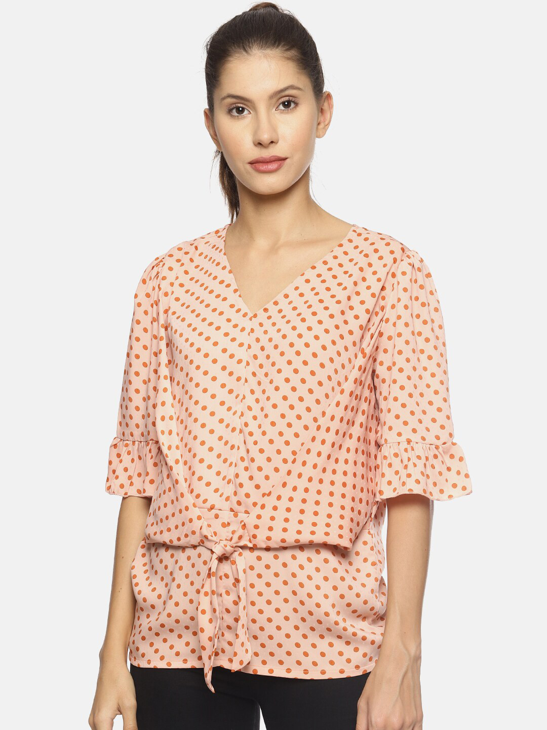 SAHORA Peach-Coloured Polka Dot Bell Sleeve Regular Top