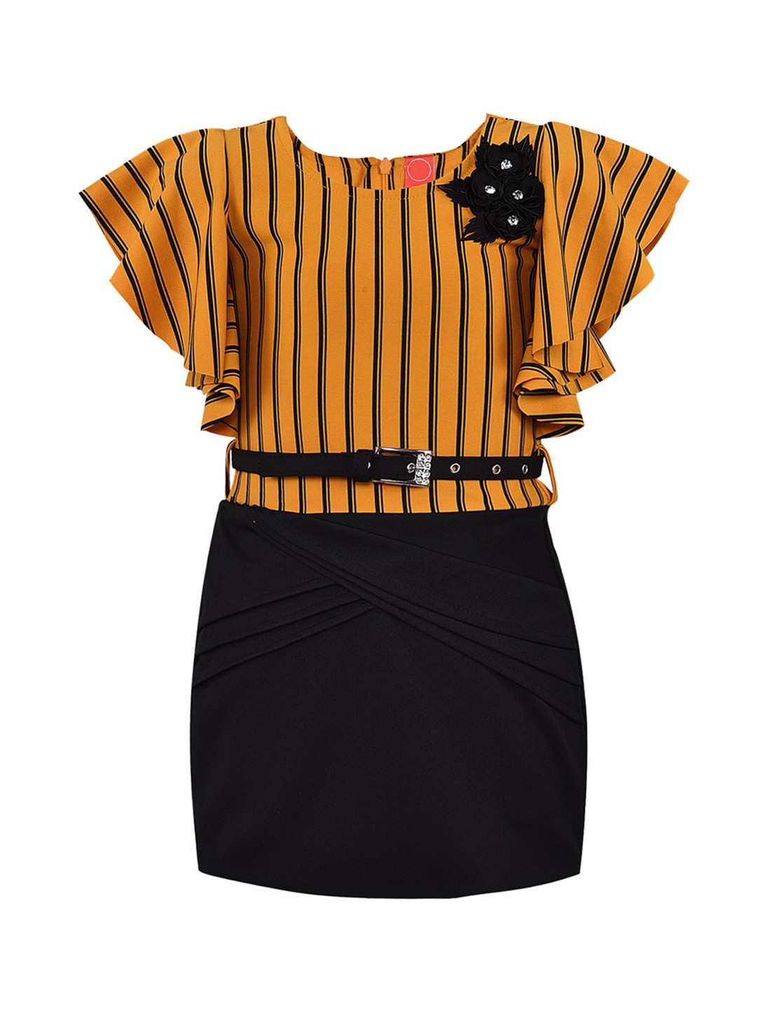 Wish Karo Yellow & Black Striped Applique Scuba A-Line Dress