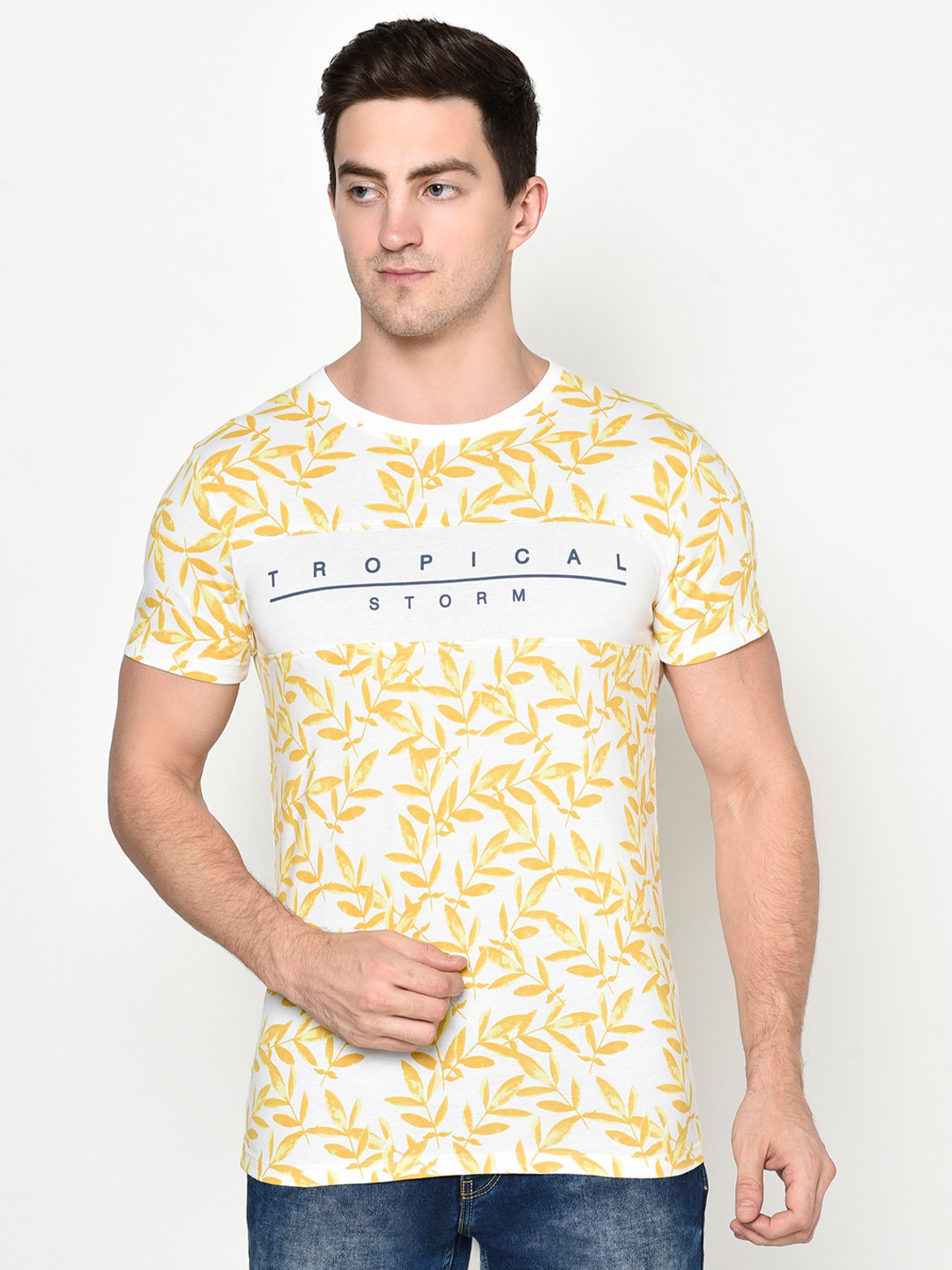 Octave Men Yellow   Printed Raw Edge T-shirt