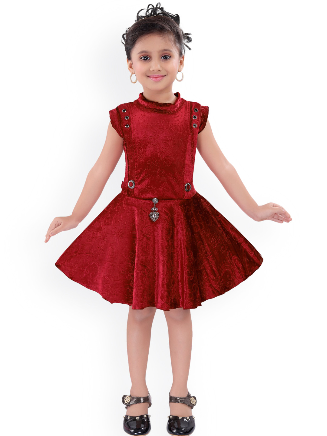 Wish Karo Maroon Floral Velvet Dress