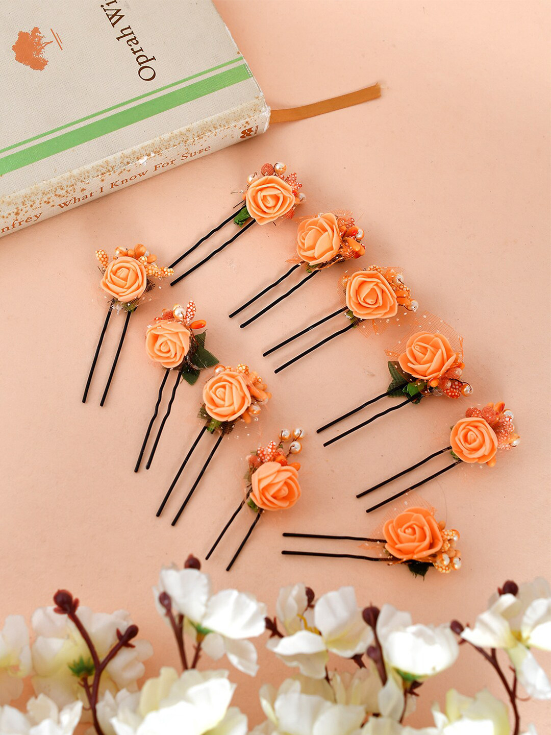 Silvermerc Designs Women Set Of 10 Orange & Black Floral Lace U Pins