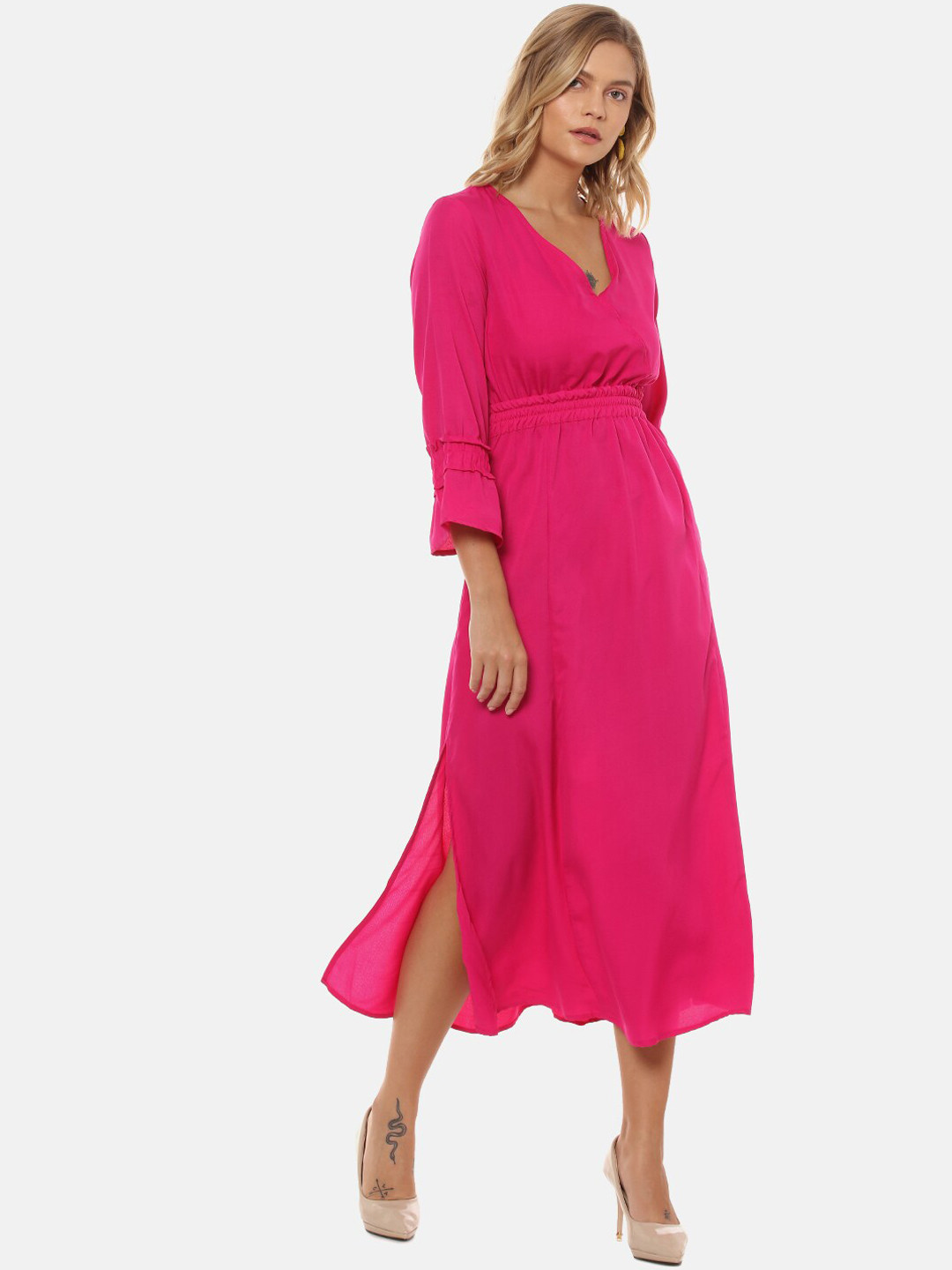 Campus Sutra Pink Midi Solid Dress