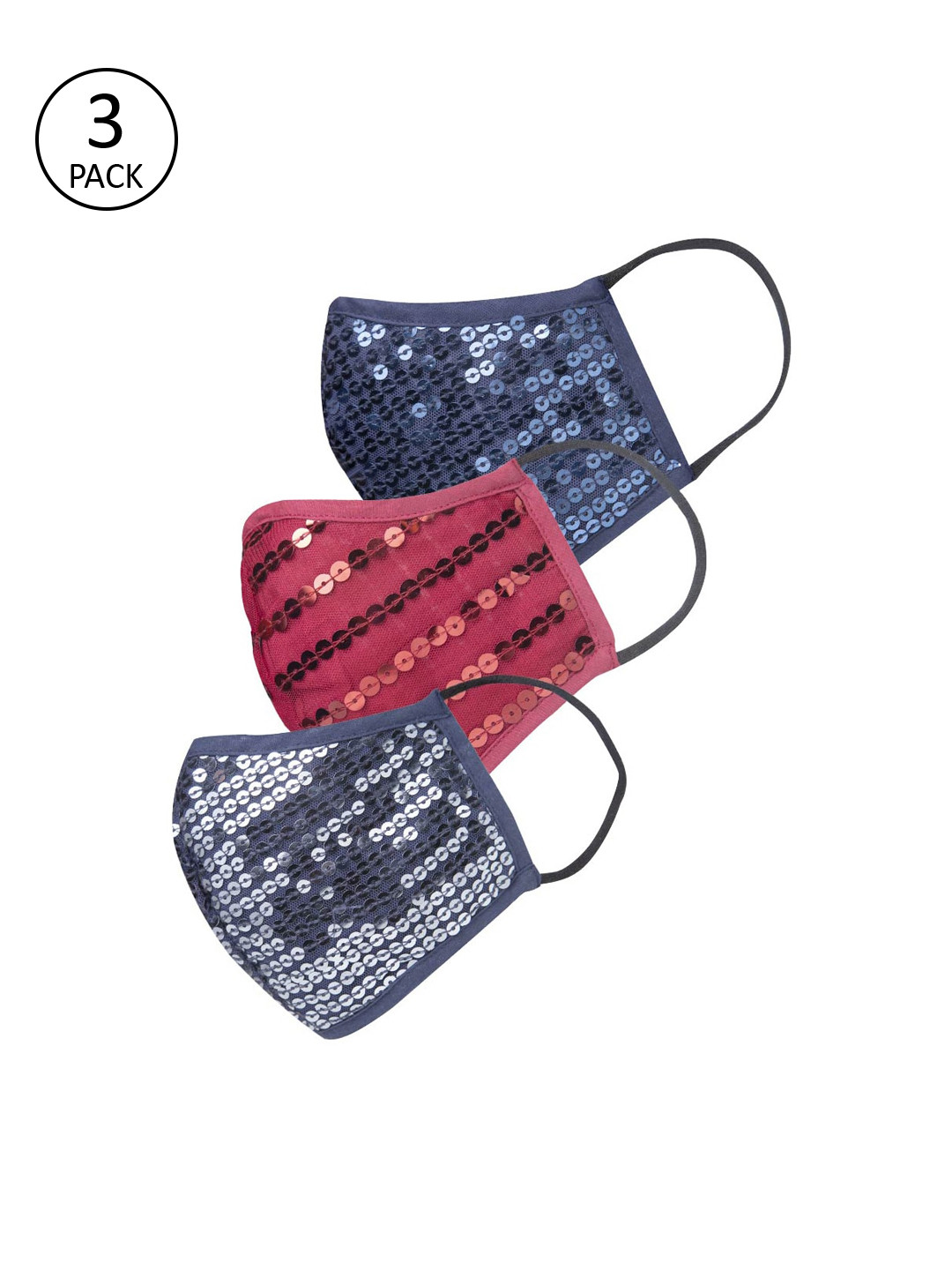 Oxolloxo Women Pack of 3 Sequined 3-Ply Outdoor Cloth Masks