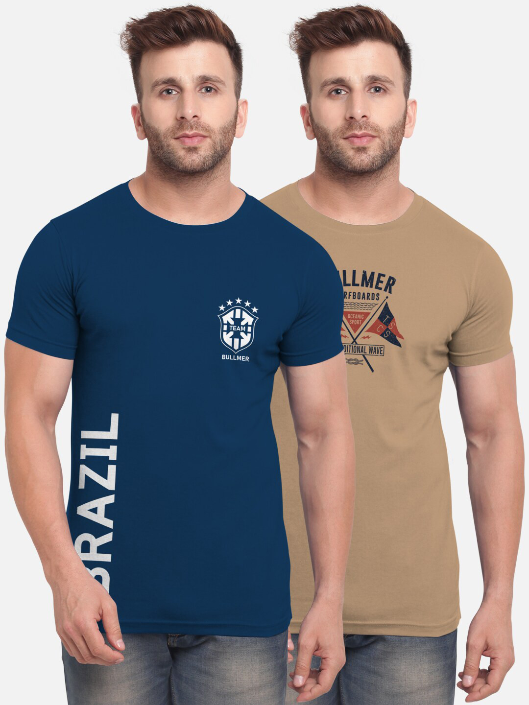 BULLMER Men Pack Of 2 Beige  Blue Typography Printed Cotton Pure Cotton T-shirts
