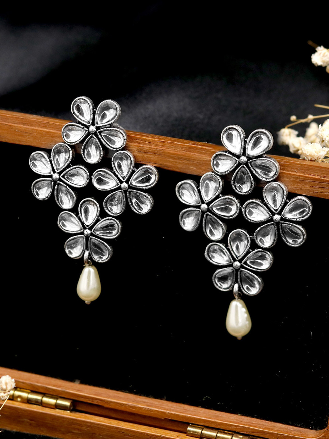 TEEJH Oxidised Vamika Silver-Plated Drop Earrings