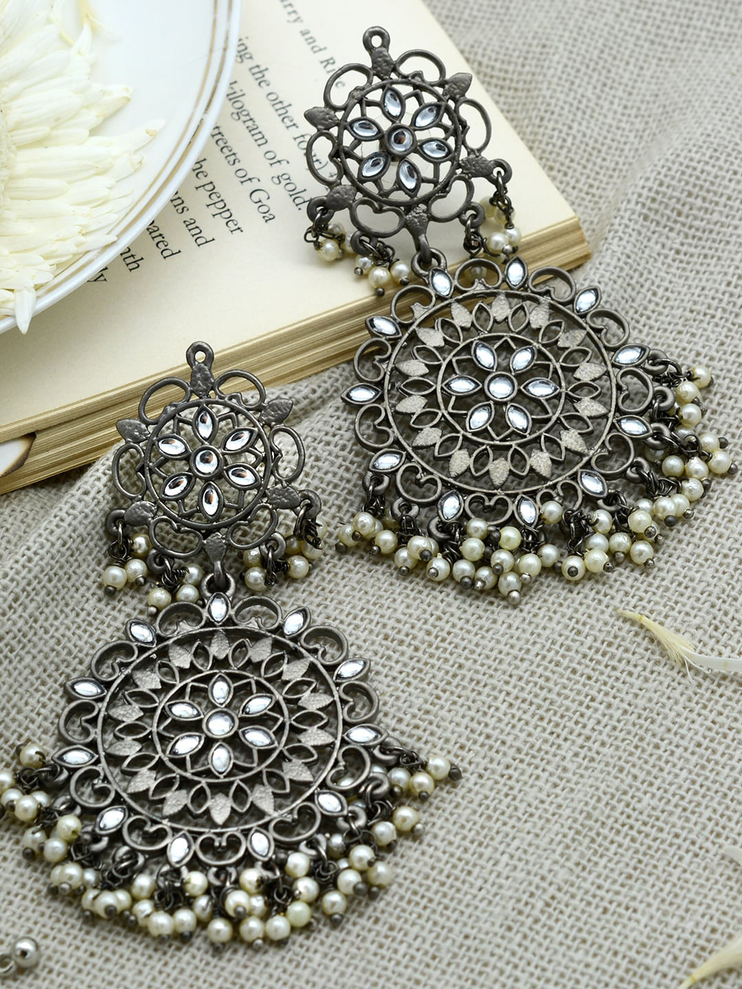TEEJH Silver-Toned Oxidized Contemporary Drop Earrings