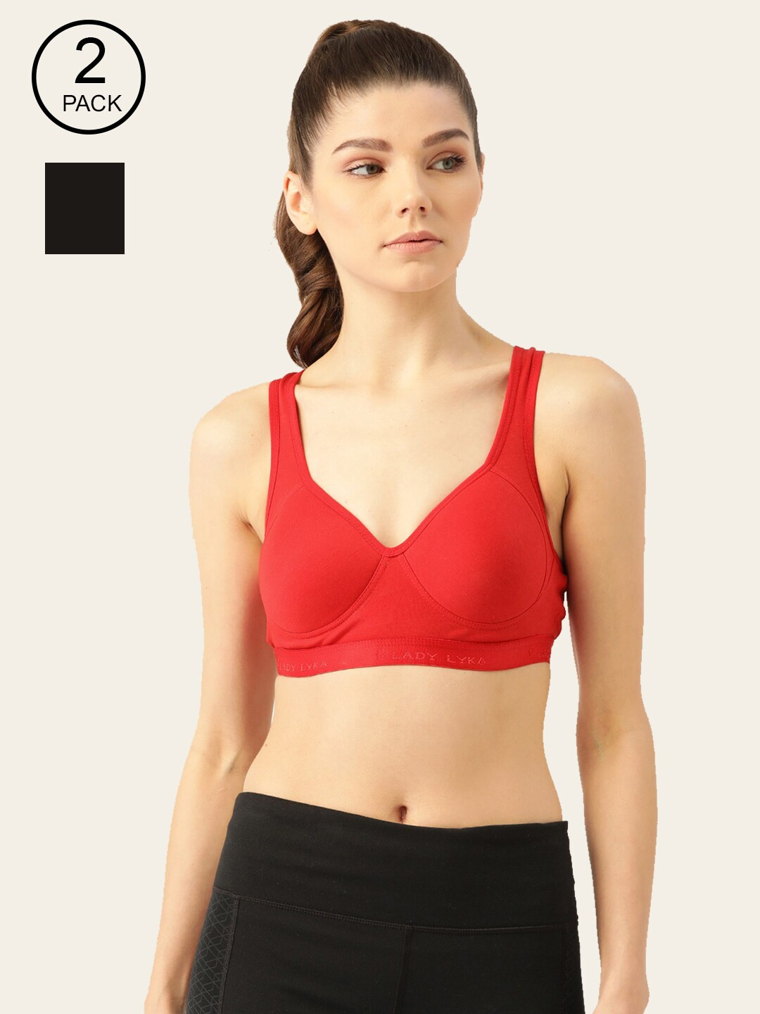 Lady Lyka Pack of 2 Half Coverage Lightly Padded Workout Bra PROVOGUE-RED-BLK-Multi