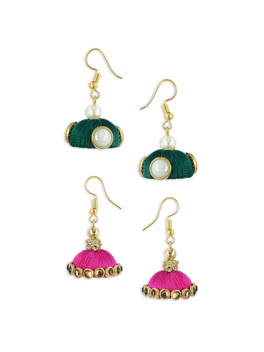 AKSHARA Set Of 2 Green & Pink Dome Shaped Jhumkas Earrings