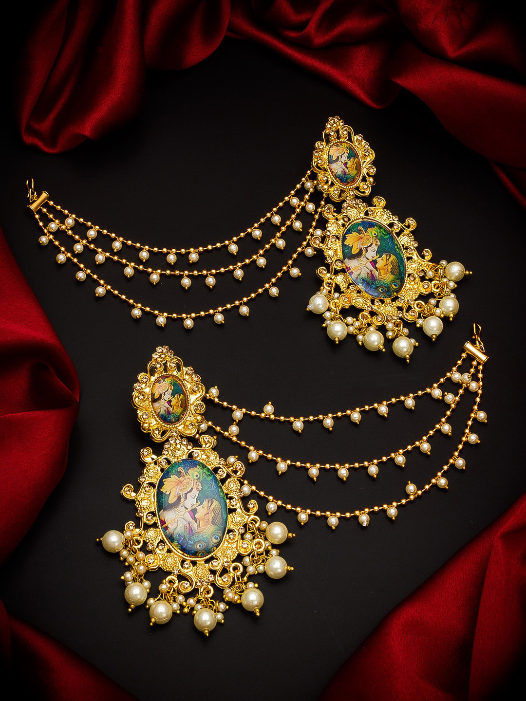aadita Gold-Toned & Radha Krishna Printed Classic Drop Earrings With Hair Chain