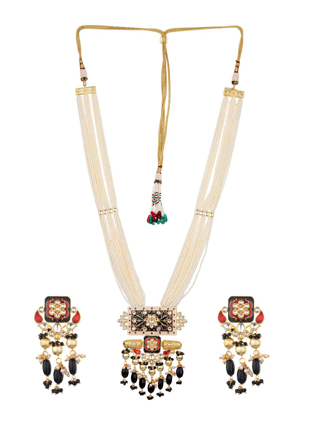 Runjhun Gold-Plated Red & Black Kundan-Studded & White Beaded Jewellery Set