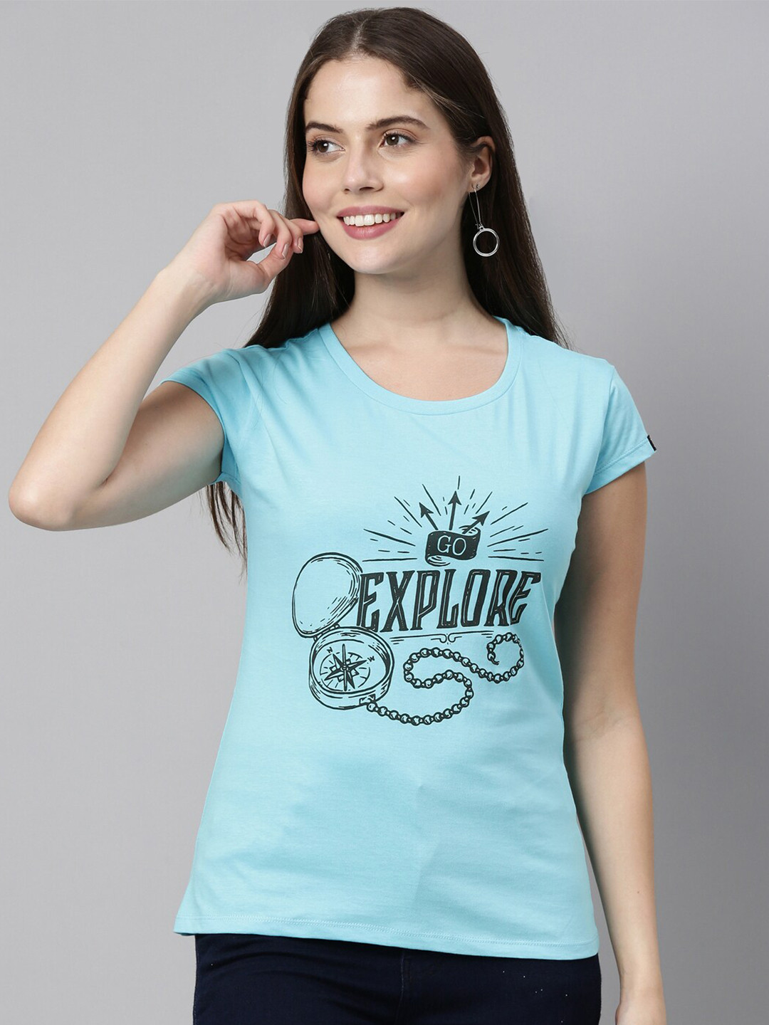 Bushirt Women Blue Typography Printed Extended Sleeves Applique T-shirt