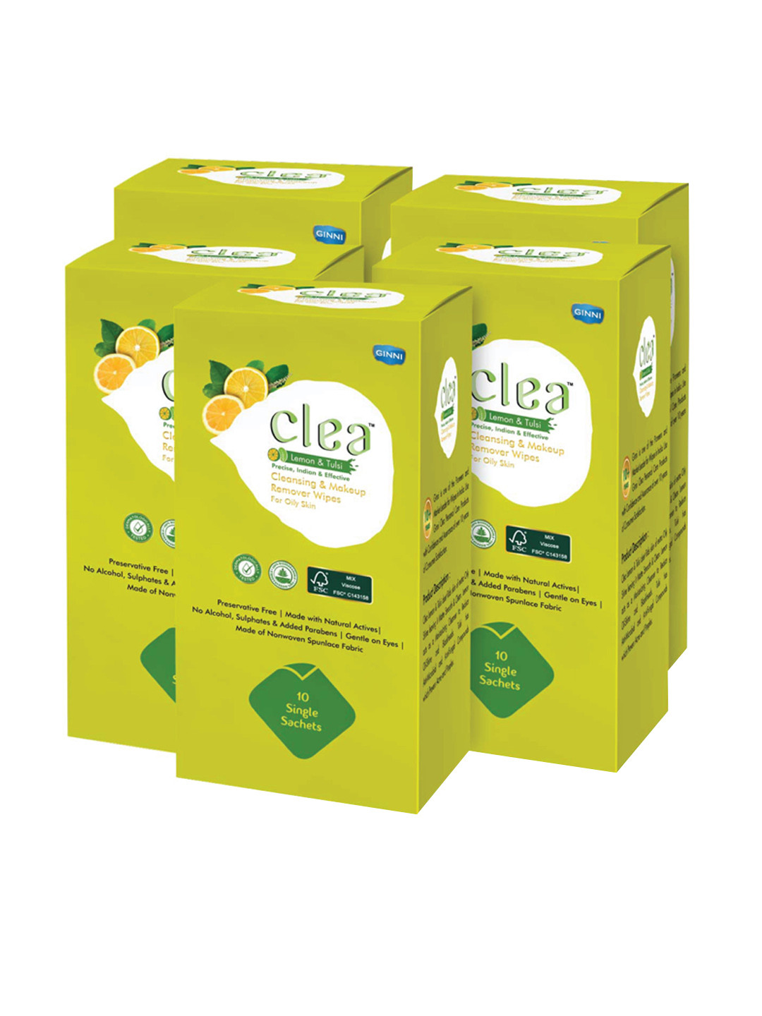 Clea Set Of 5 Lemon &  Tulsi Cleansing & Makeup Remover Wet Wipes - 10 Wipes Per Pack