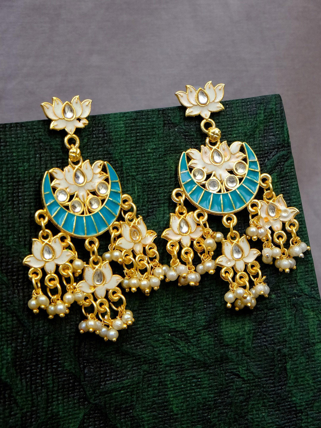 Crunchy Fashion Gold-Toned & Turquoise Blue Contemporary Meenakari Chandbalis Earrings