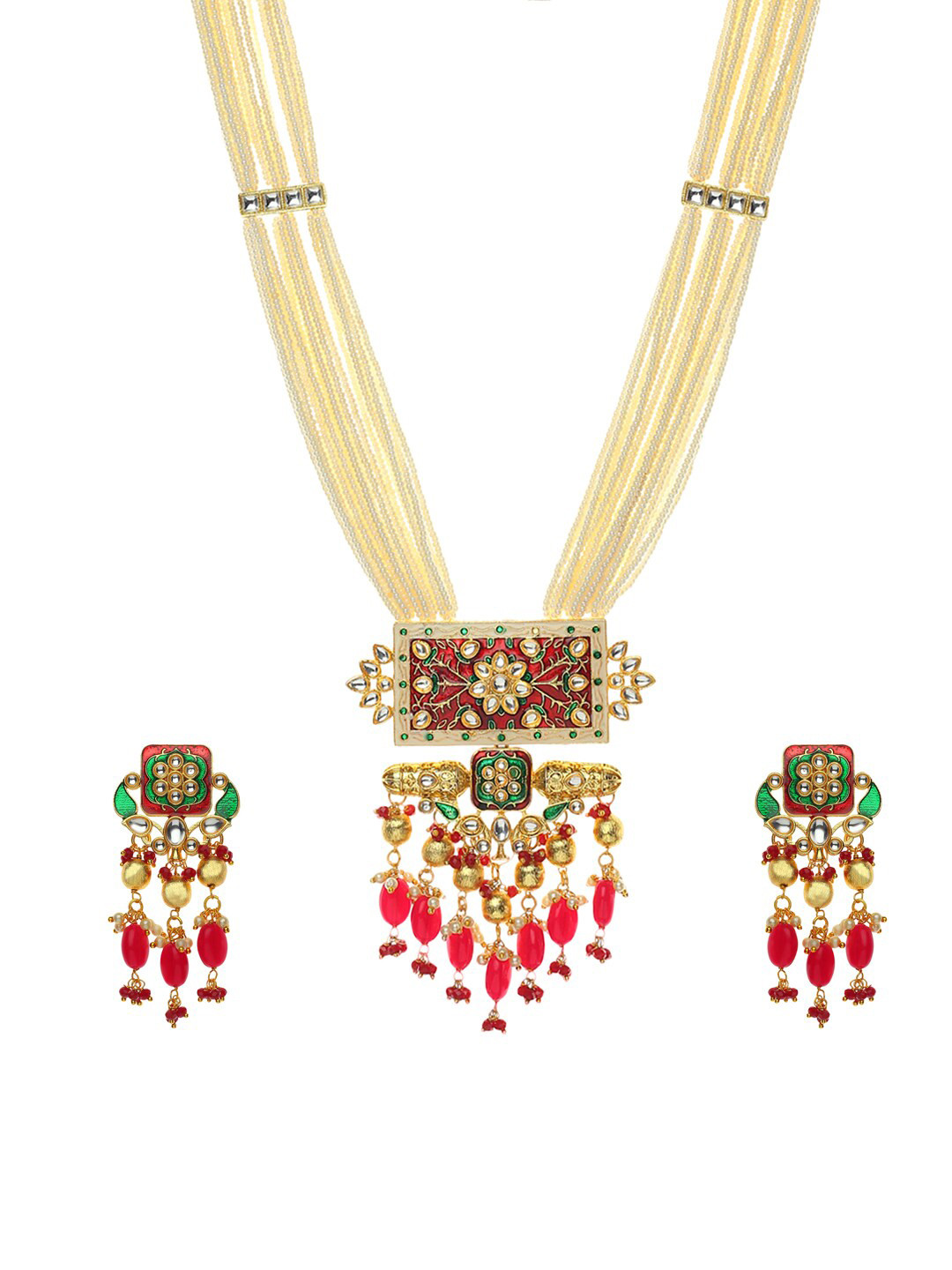 Runjhun Gold-Plated Red & White Kundan-Studded & Beaded Handmade Jadau Jewellery Set