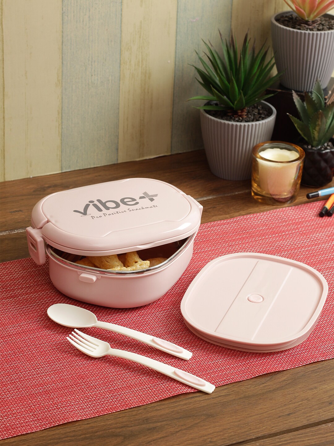 Vibe Plus Pink Stainless Steel Lunch Box With Attached Spoon & Fork