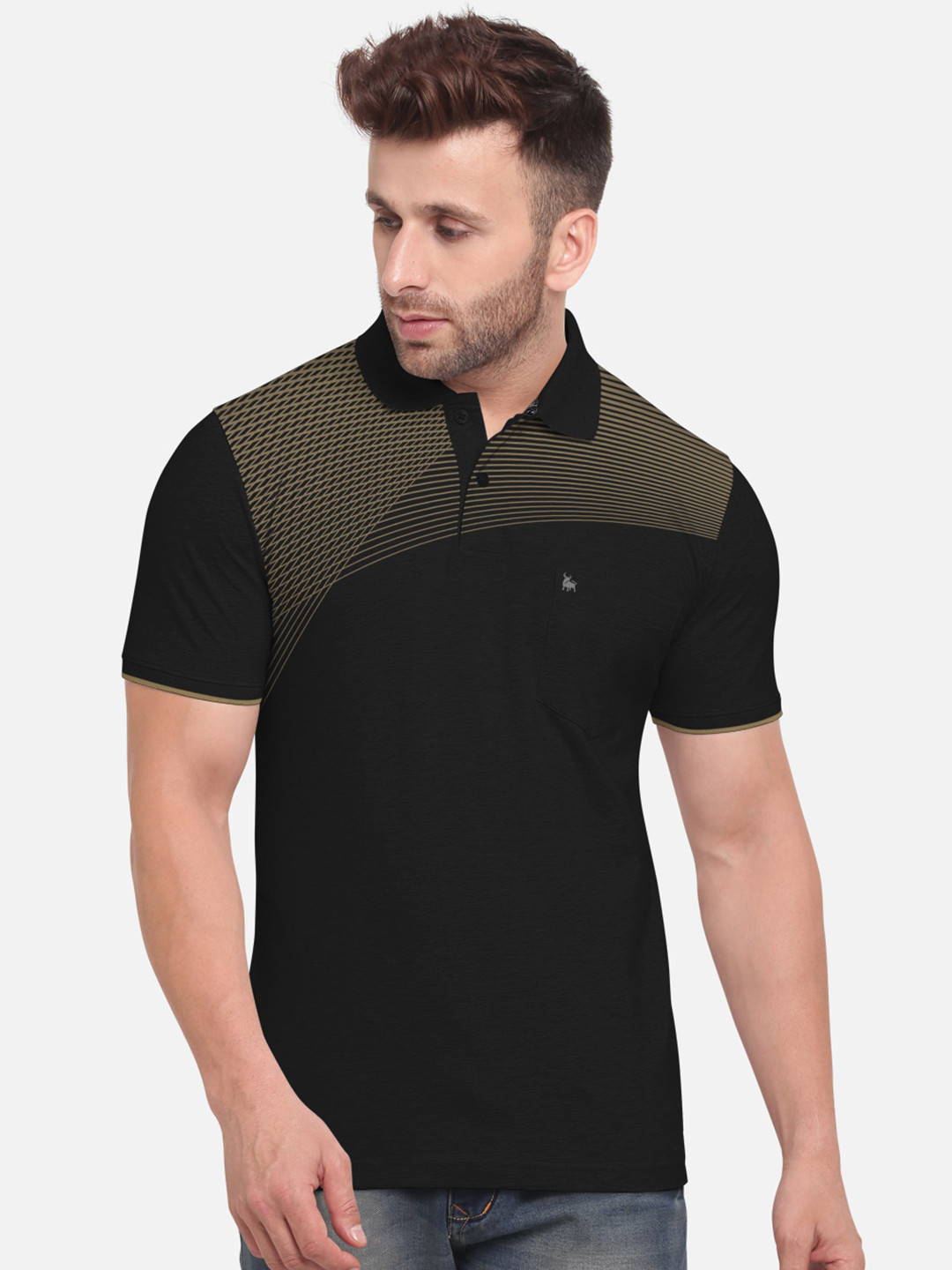 BULLMER Men Black Graphic Printed Polo Collar T-shirt