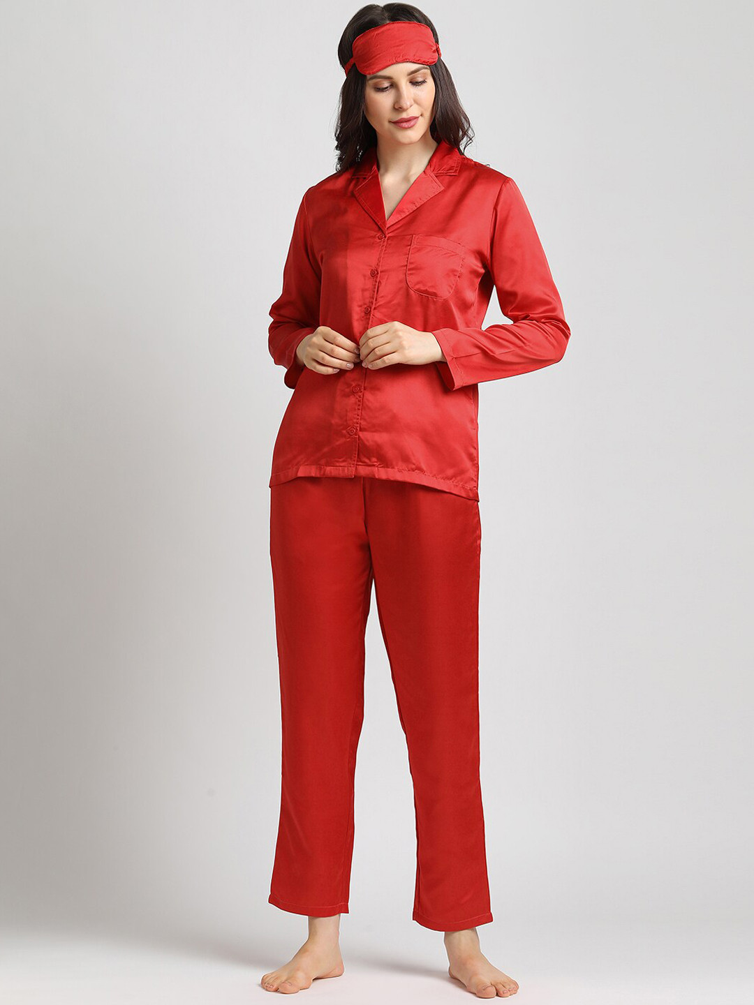 DRAPE IN VOGUE Women Red Solid Pyjamas Set with Eye Mask