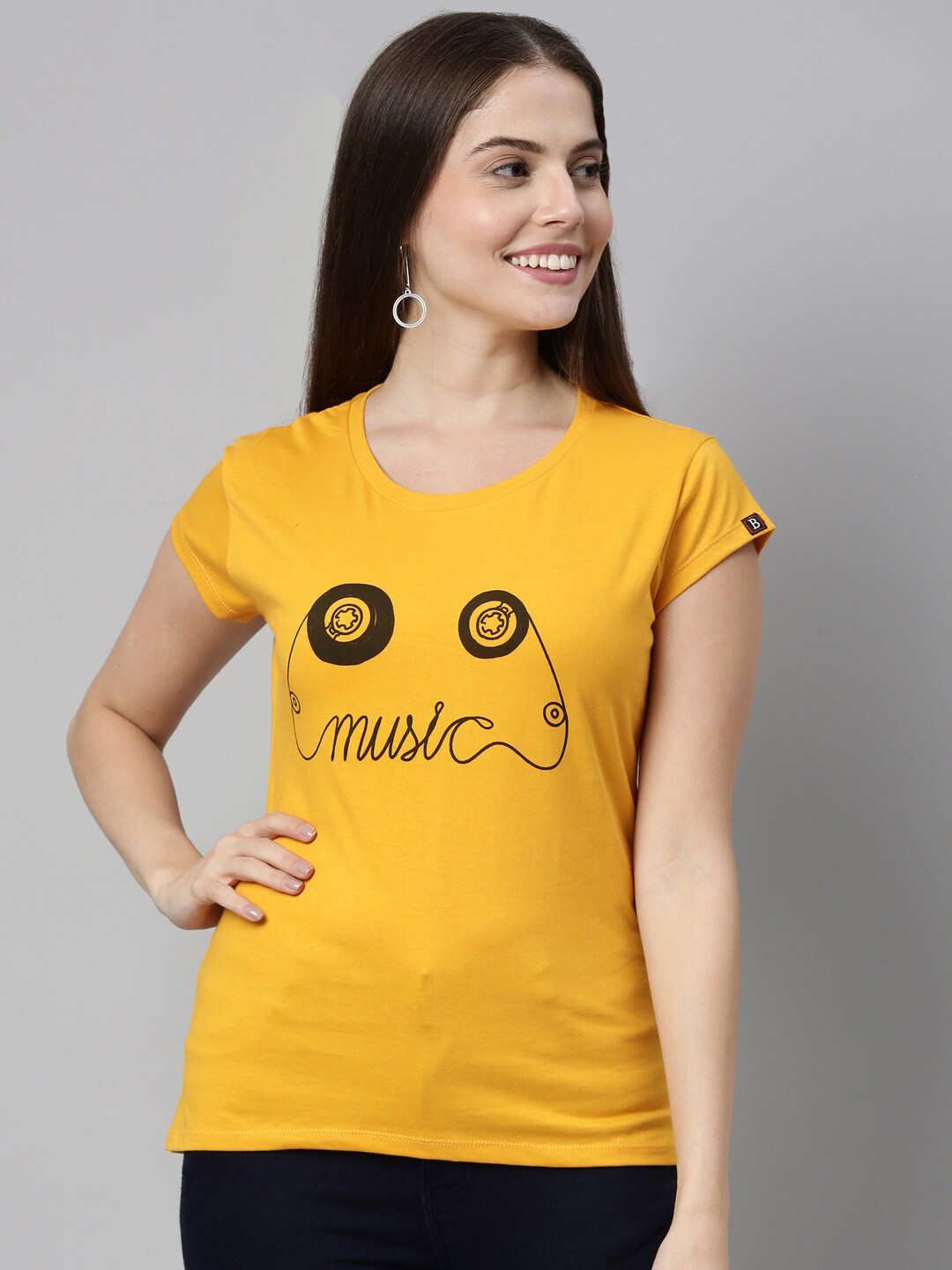 Bushirt Women Mustard Yellow Music Printed Pure Cotton T-shirt