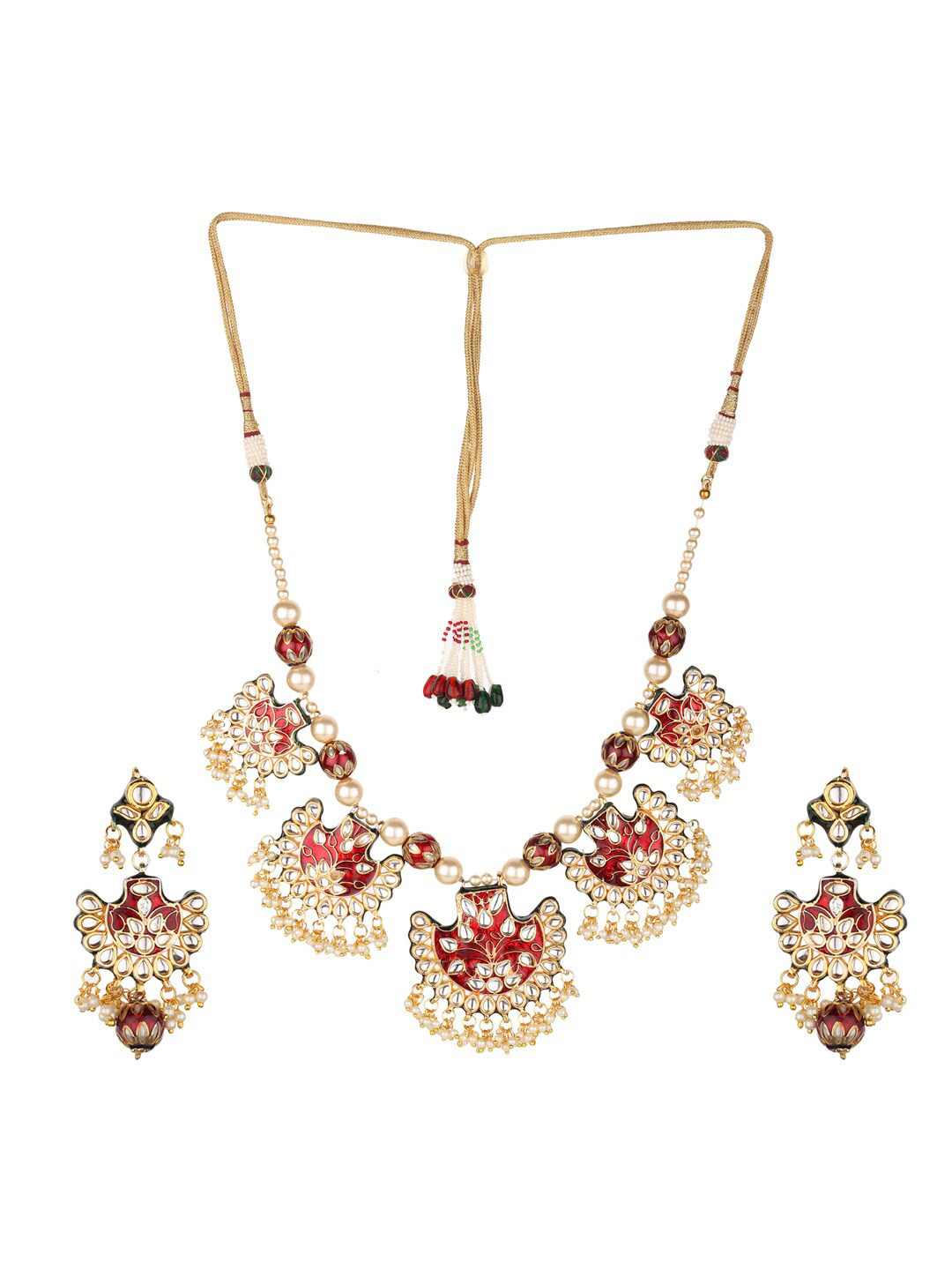 Runjhun Gold-Plated Maroon & White Kundan-Studded Meenakari Designer Jadau Jaipuri Jewellery Set