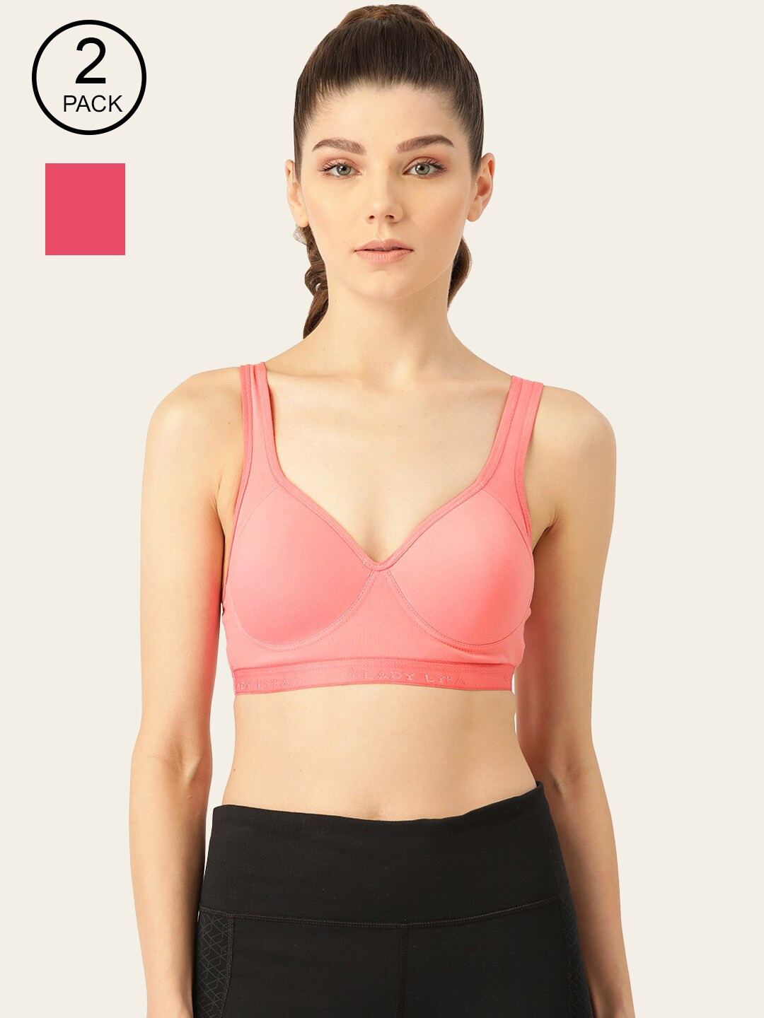 Lady Lyka Peach-Coloured & Pink Set of 2 Half Coverage Lightly Padded Workout Bra