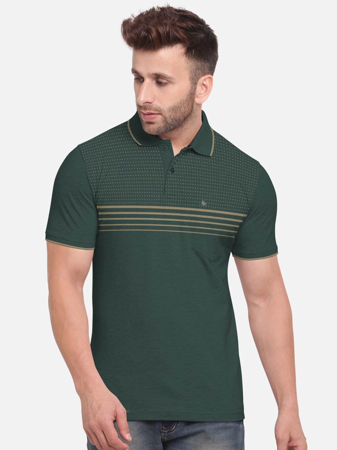 BULLMER Men Olive Green Polo Collar Bio Finish Pure Cotton T-shirt