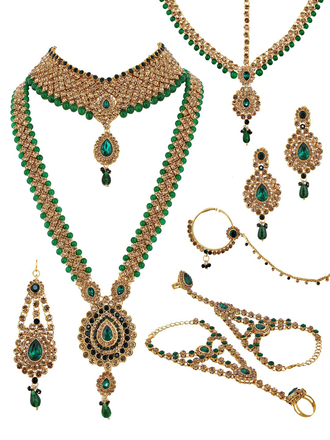 LUCKY JEWELLERY 18K Gold-Plated Green & White CZ-Studded Beaded Handcrafted Bridal Jewellery Set