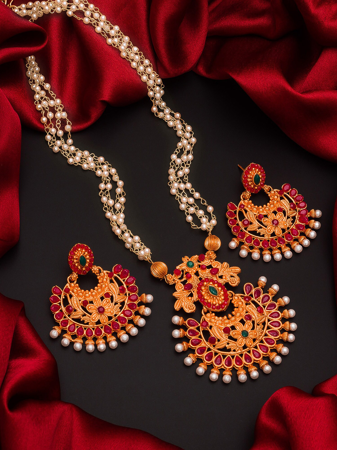 aadita Gold-Plated Magenta-Pink & White Pearl-Beaded & Stone-Studded Temple Jewellery Set
