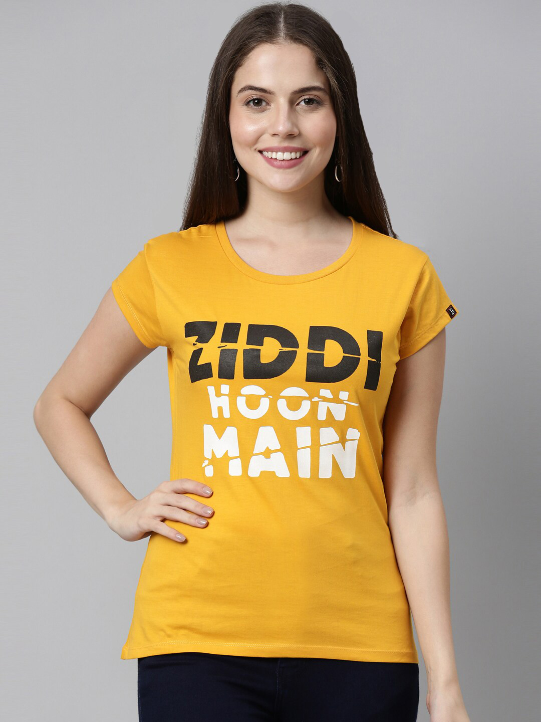 Bushirt Women Mustard Yellow Ziddi Hoon Main Printed Pure Cotton T-shirt
