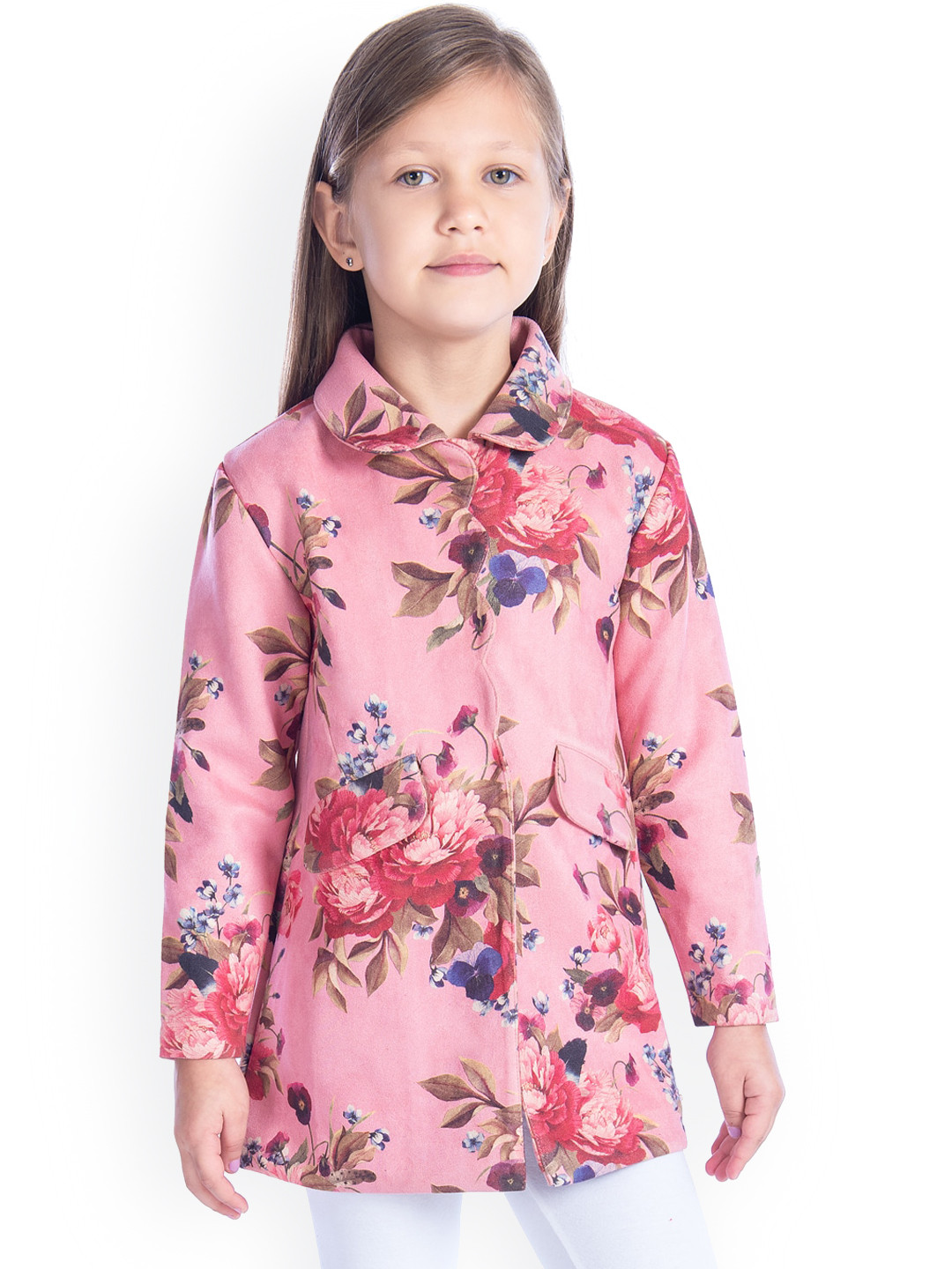 Cherry Crumble Girls Pink & Olive Green Floral Printed Suede Trench Coat