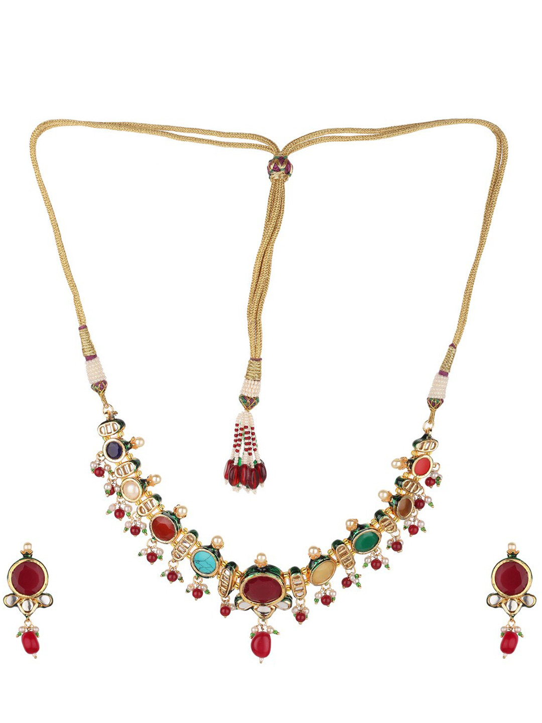 Runjhun Gold-Plated & White Kundan Navratna Semi Precious Stones Designer Choker Jewellery Set