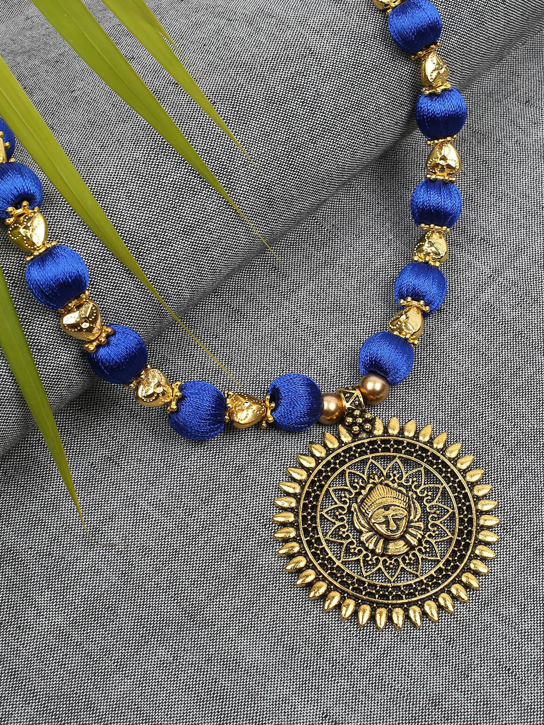 AKSHARA Womens Blue Handcrafted Long Brass Pendent Black Necklace