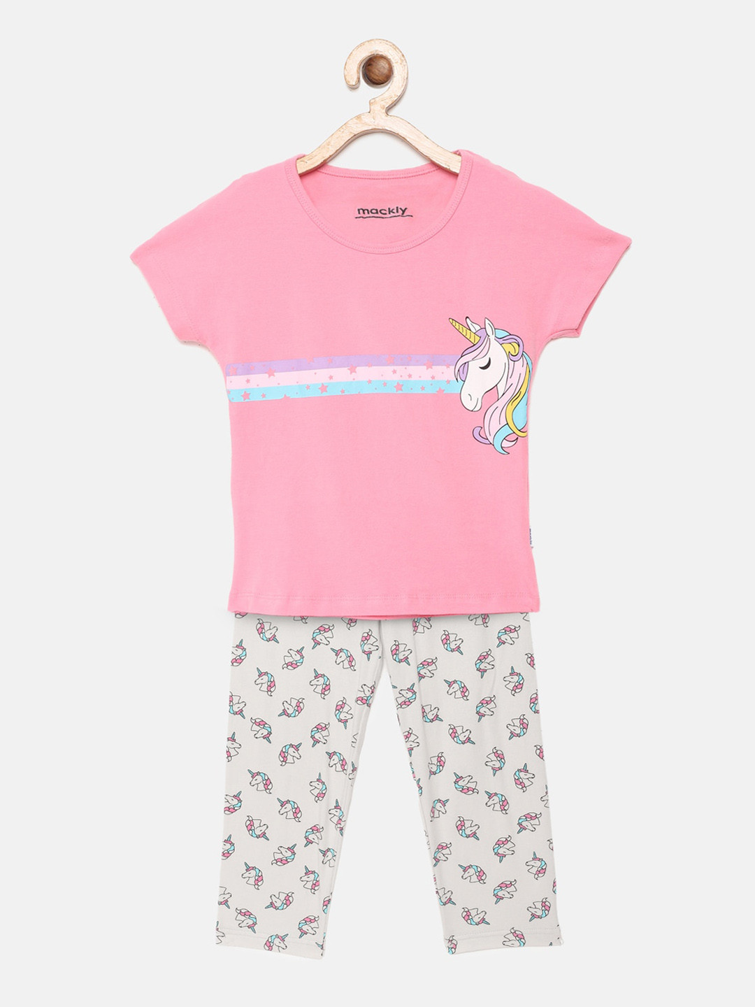 mackly Girls Pink & White Unicorn Printed Night suit