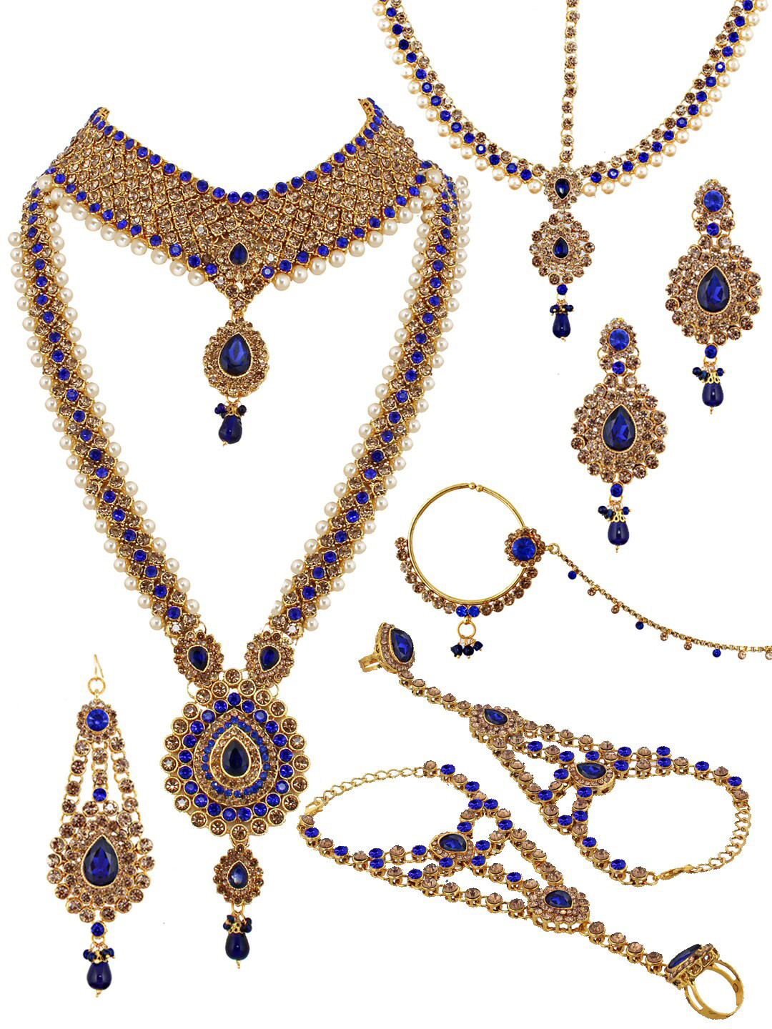 LUCKY JEWELLERY 18K Gold-Plated Blue Cubic Zirconia-Studded Jewellery Set