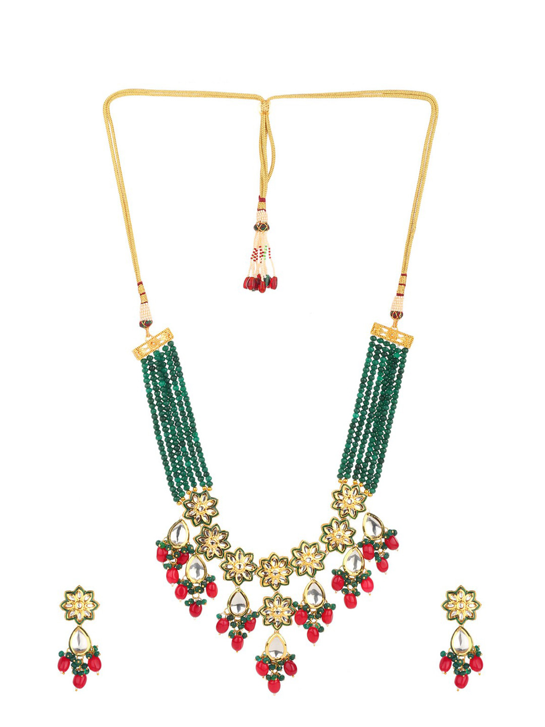 Runjhun Gold-Plated Green Kundan & Onex Beads-Studded Jewellery Set