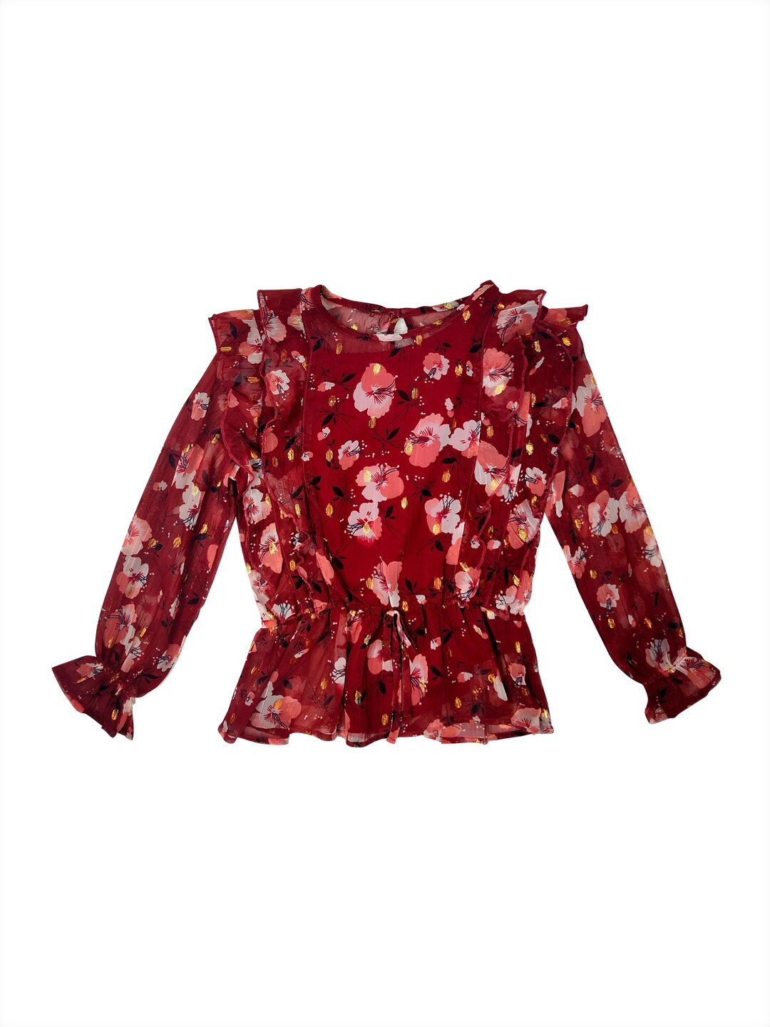 Gini and Jony Girls Maroon & Coral Floral Printed Ruffled Cinched Waist Top