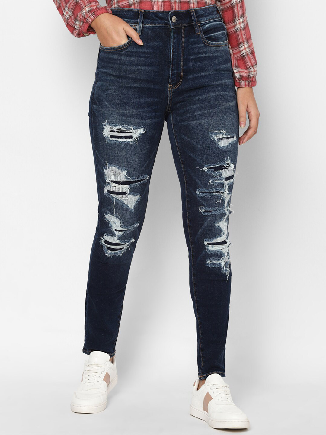 AMERICAN EAGLE OUTFITTERS Women Blue Skinny Fit High-Rise Highly Distressed Light Fade Jeans