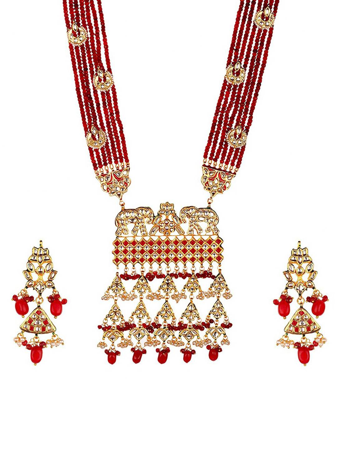 Runjhun Gold-Plated White & Red Kundan-Studded Onex Beaded Jewellery Set