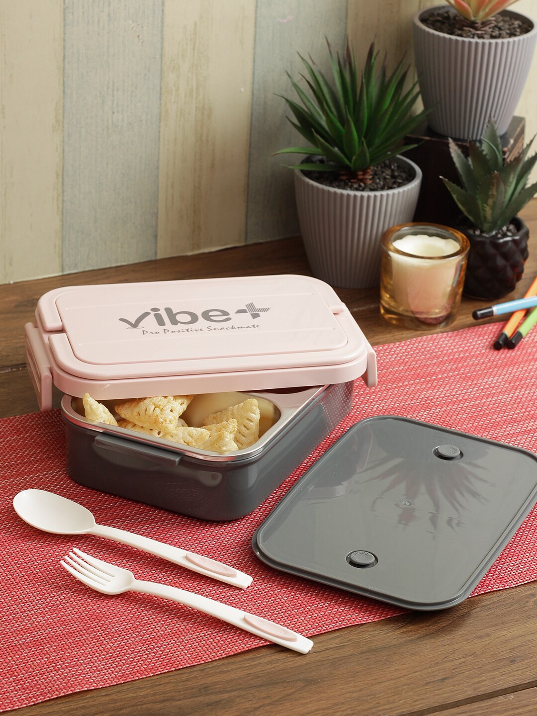 Vibe Plus Pink & Grey Colourblocked Stainless Steel Lunch Box