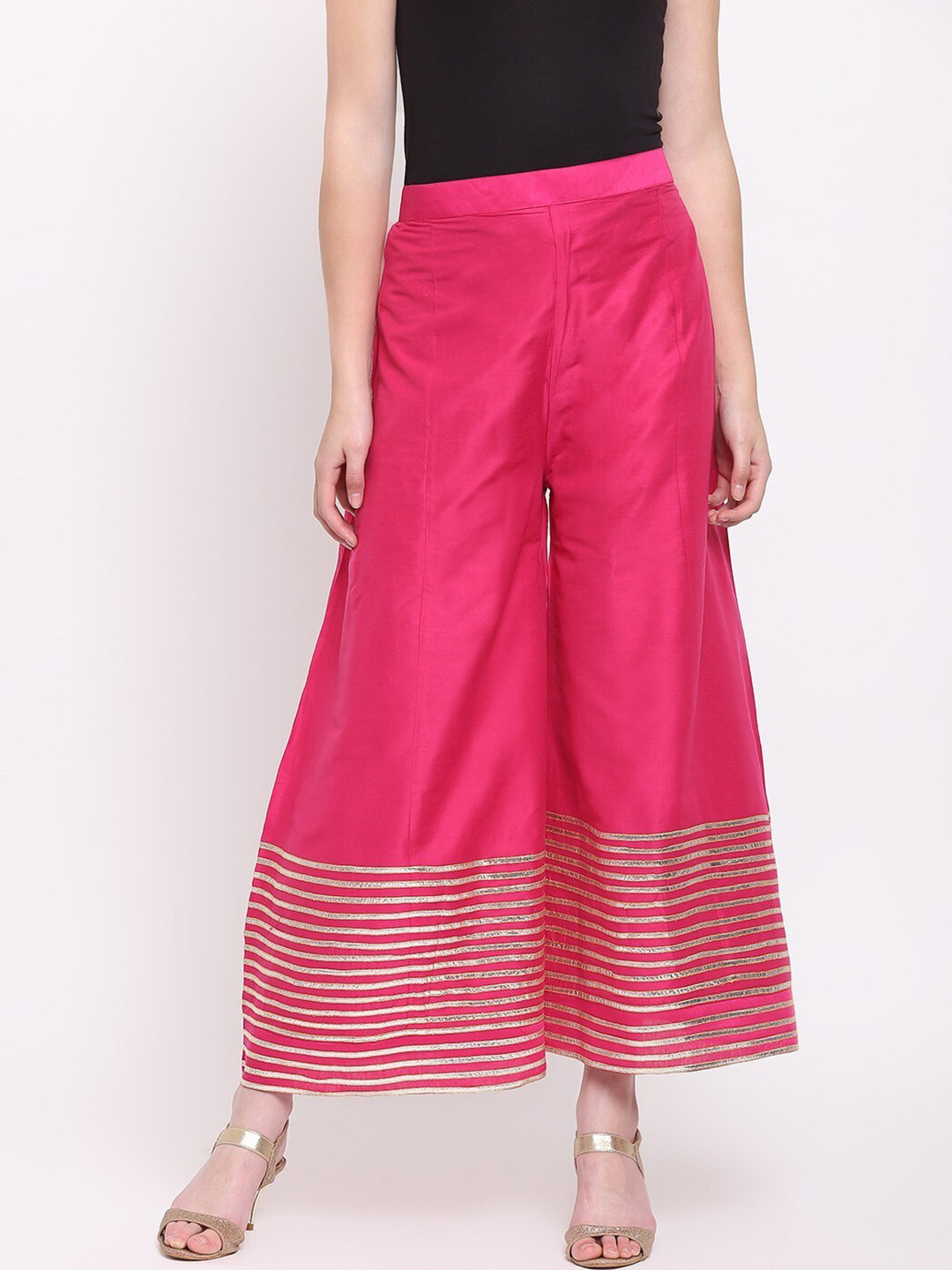 RIVI Women Pink & Golden Gotta Patti Striped Hem Design Wide Leg Ethnic Palazzos