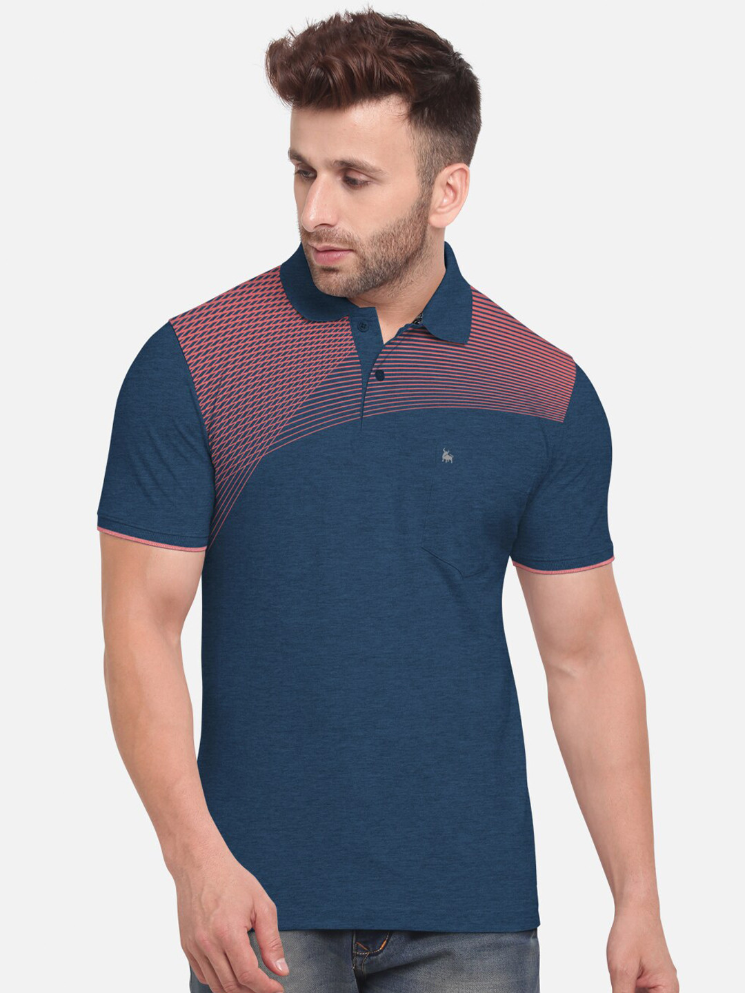 BULLMER Men Navy Blue Geometric Printed Polo Collar T-shirt