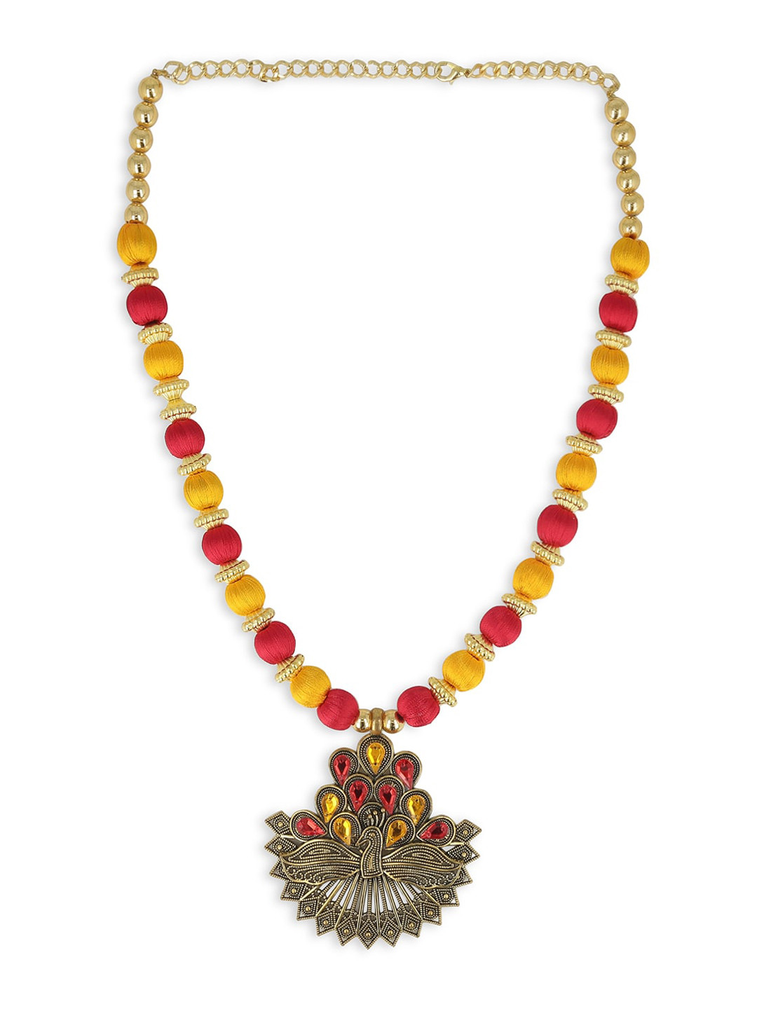 AKSHARA Women Brass-Plated Gold-Toned & Red Handcrafted Pendant With Chain